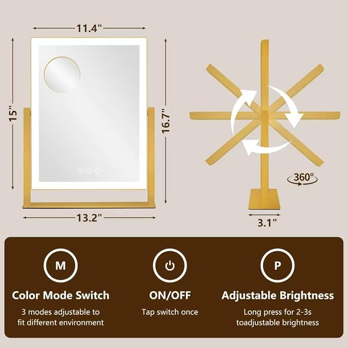 Kotdning Vanity Mirror with Lights, 16.7"×13.2" LED Makeup Mirror, Lighted Makeup Mirror with Lights, Smart Touch Control Dimmable 3 Modes Light, Lighted Up Mirror for Bedroom & Dorm, Gold