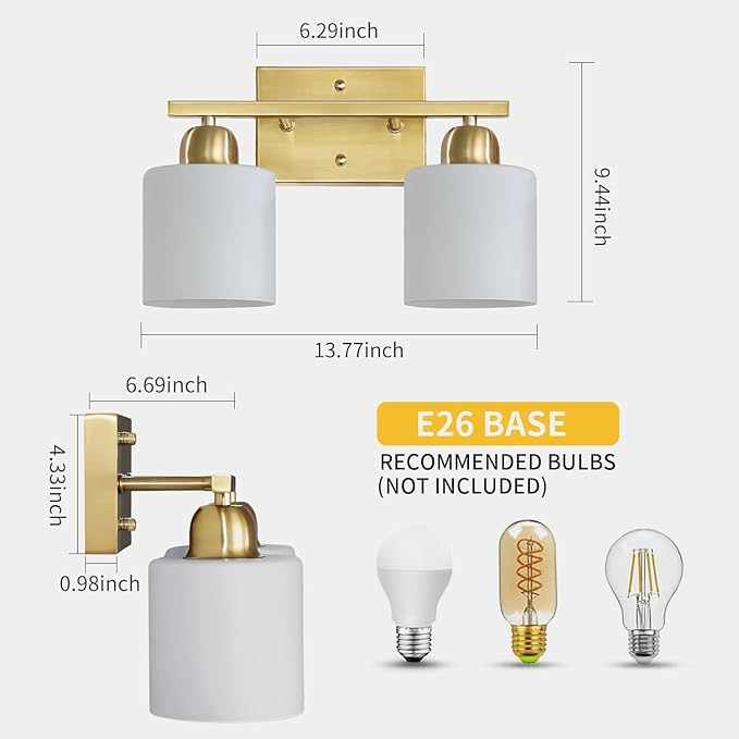 2 Light Bathroom Vanity, Bathroom Lights Over Mirror with Milky White Frosted Glass Shades, Gold Vanity Light for Mirror Living Room Bedroom Hallway E26 Base