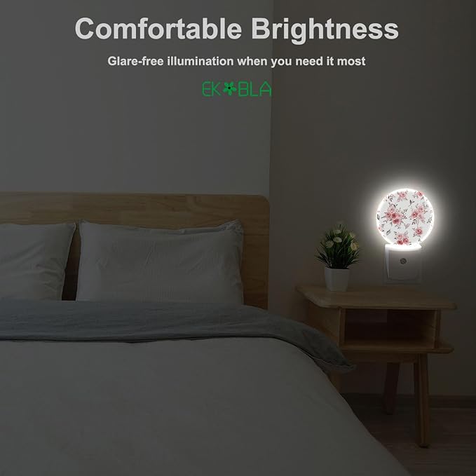 EKOBLA Pink Rose Night Light, Boho Blush Floral Night Lights Plug Into Wall with Dusk to Dawn Sensor, LED Nightlights for Bedroom, Bathroom, Hallway, Kitchen
