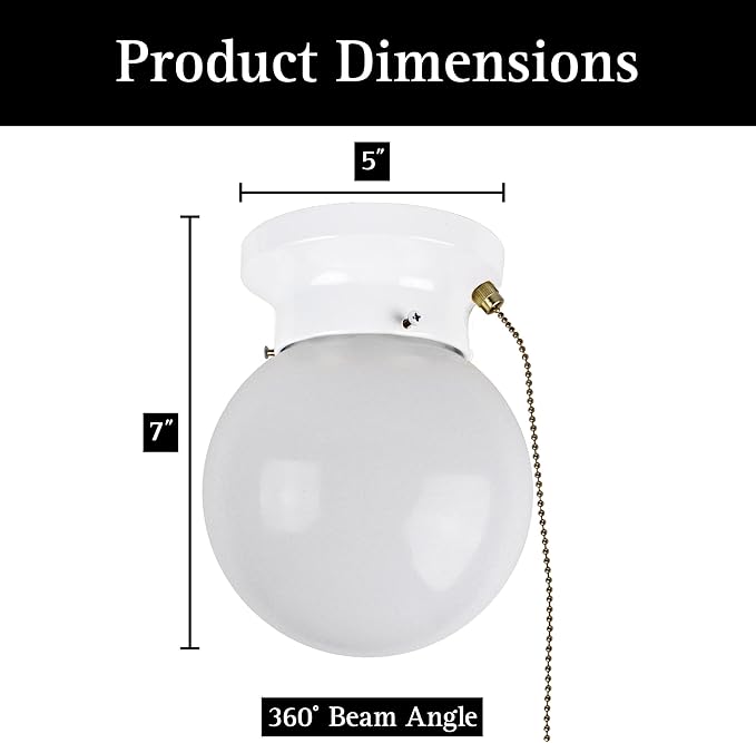 Ultralux 6" Utility LED Glass Flush Mount with Pull Chain - Globe Light Fixture - 500 Lumens 3000K Light Fixture for Closet, Pantry, Shed, Laundry Room - ETL-Certified (Matte White, 6-Pack)