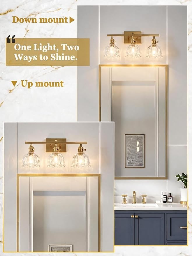 3-Light Vintage Bathroom Vanity Light, 19.4" Brass Hardwired Wall Sconce with Amber Tulip Glass Shades, Brushed Gold Vanity Light for Mirror, Restroom, Bedroom (Clear, 3-Light)