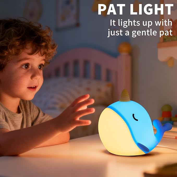 Cute Narwhal Night Light, Tap Control with 3 Warm White Brightness, USB Kids Bed Lamp with 30-Minute Timer, Soft Silicone Glow for Nursery, Birthday Gift(Blue Narwhal)