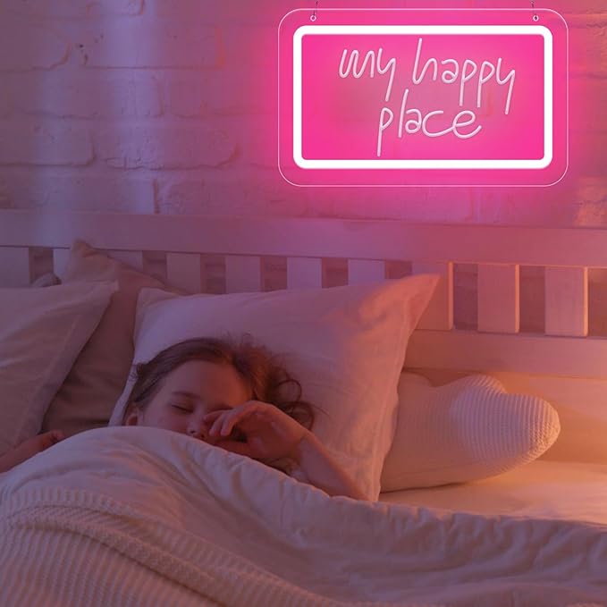 My Happy Place Neon Sign,Dimmable Pink LED Neon Signs for Wall Decor, USB Powered LED Letter Neon Signs, 3D Art Carving Design Light for Christmas Party Wedding Living Room Birthday Gift