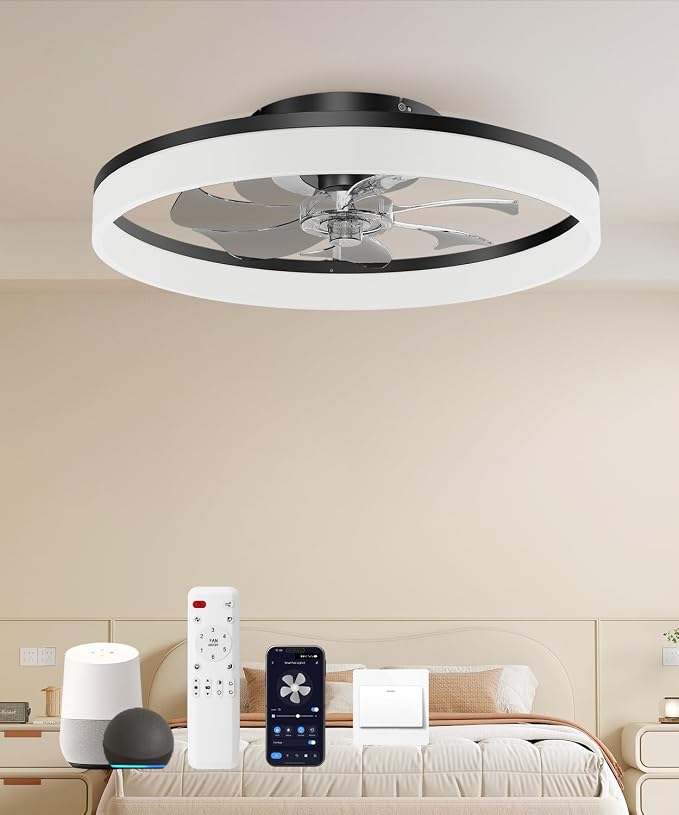 Smart Ceiling Fans with Light and Remote,20" Low Profile Ceiling Fan with 6-Speed & Dimmable LED, Alexa/APP Home Voice Control, App, Reversible Airflow, App Timer, for Bedroom（Black）