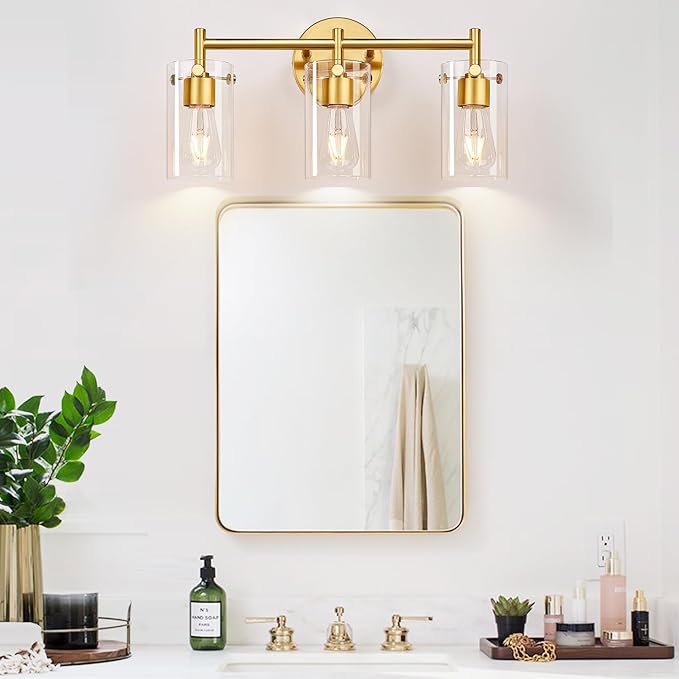 Bathroom Light Fixtures, 3-Light Brushed Gold Vanity Light, Gold Bathroom Lights Over Mirror with Clear Glass Shade, Wall Sconces for Mirror Bedroom Living Room Hallway