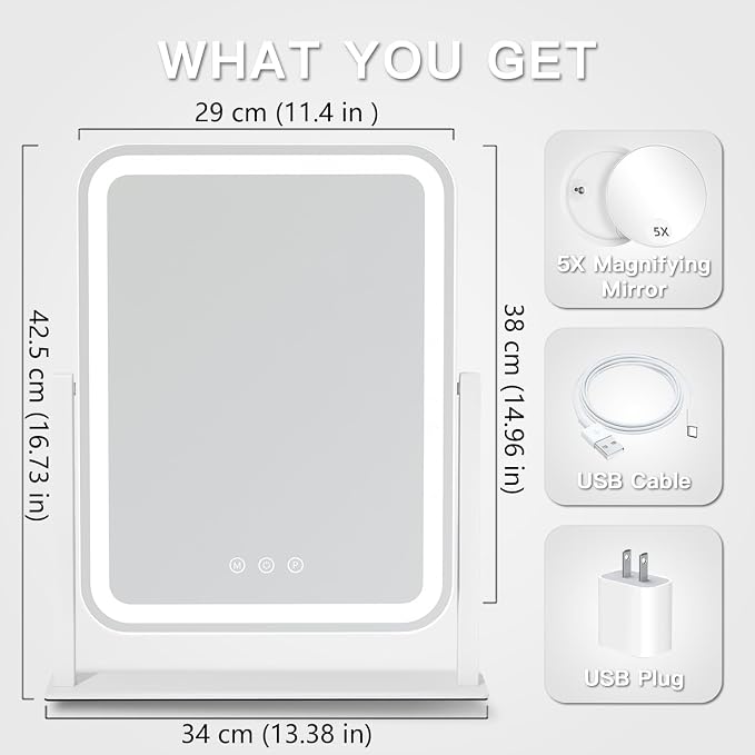 HIEEY Vanity Mirror with Lights, Three Color Lighting Modes, and 5X Magnification Mirror, Smart Touch Control, 360°Rotation (16.73" x 13.38" White,Gift Box)