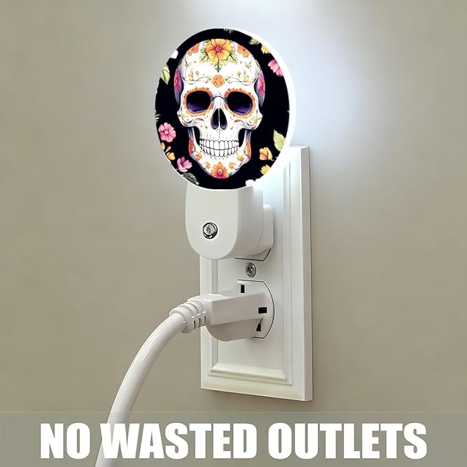 Plug-in Floral Sugar Skull Art Night Light Day of The Dead Skull or Halloween Night Lights Plug into Wall with Auto on/Off Sensor, 0.5W LED Nightlight for Bedroom Bathroom Hallway