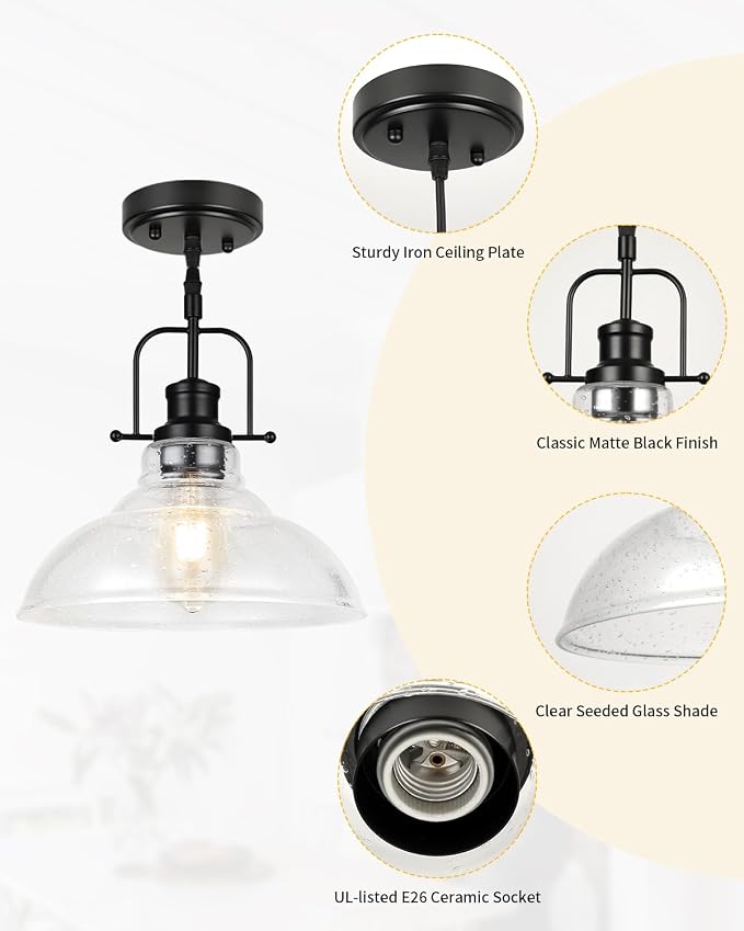 WILON Seeded Glass Pendant Lights Kitchen Island Lighting, Black Modern Farmhouse Pendant Light Fixture with E26 Base, Vintage Hanging Ceiling Lamp for Kitchen Sink Hallway Dining Room Entry Hall | 11'' Seeded Glass Shade, Adjustable Height, E26 Cerami...