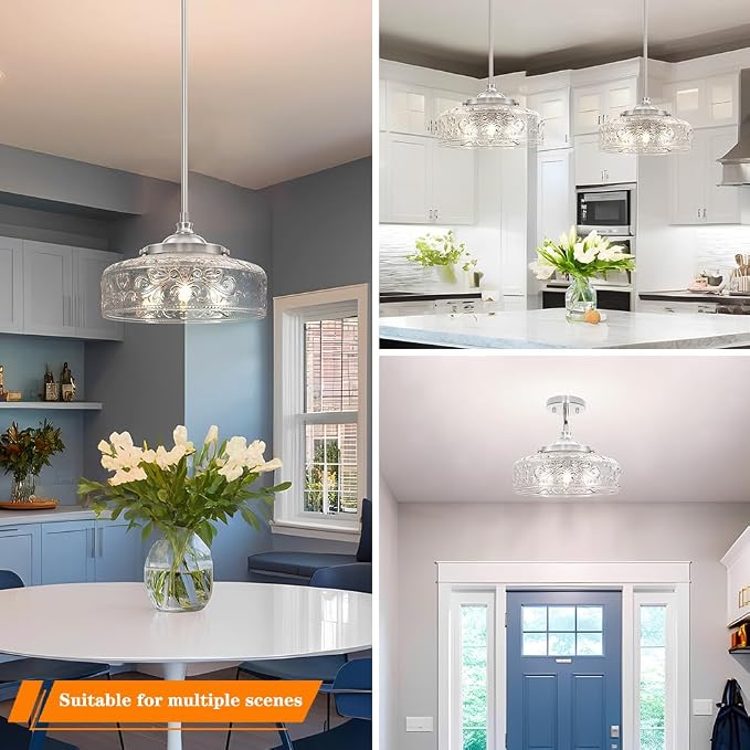 Brushed Nickel Pendant Light with Clear Glass Lampshade, 3-Light Adjustable Pendant Lights Kitchen Island, Vintage Kitchen Pendant Light Ceiling Hanging Lights for Dining Room Hallway Bathroom, E12*3
