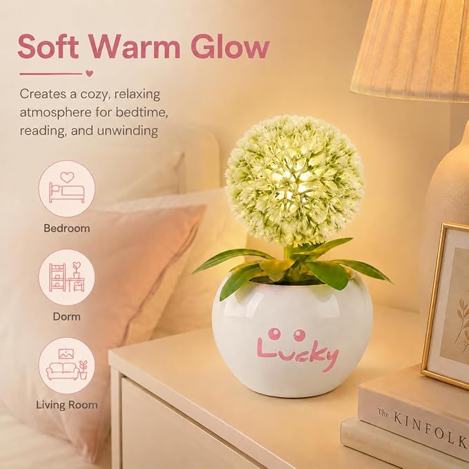 Dandelion LED Night Light,Rechargable Flower Bonsai Desk Lamp with Ceramic Base,Stepless Dimmable & Touch Control Accent Light,Aesthetic Room Decor for Bedroom,Dorm,Gifts for Girls Women (White)