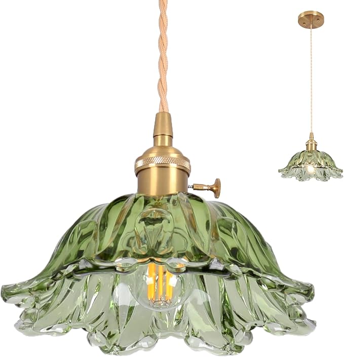 Glass Pendant Light Vintage Light Fixtures,Green Modern Chandelier Pendant,E26 Pendant Lights Kitchen Island,10.6 inch Hanging Lamp for Bedroom Hotel Dining Room 1 Light