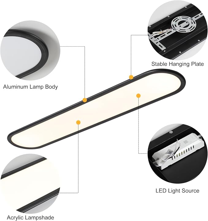 LED Flat Panel Long Ceiling Light Fixture for Shop Lighting, 47.24" High Brightness Linear LED Ceiling Lamp, 51W Dimmable Low Profile Flush Mount Ceiling Light for Laundry Kitchen Office, Black