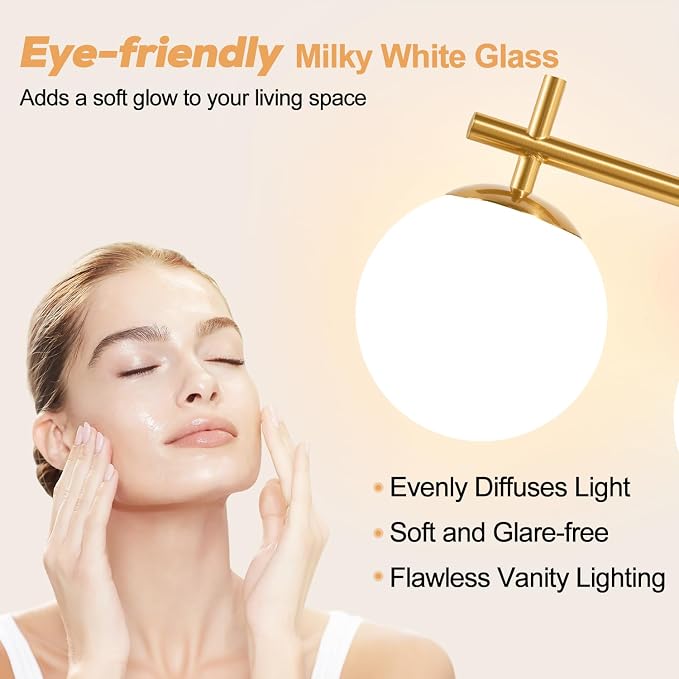 3-Light Bathroom Light Fixtures, Brushed Gold Vanity Lights for Bathroom with Milky White Glass Globe Shade, 19.3 inch Bathroom Lighting Fixtures Over Mirror, Wall Sconce for Bedroom(Bulb Not Included
