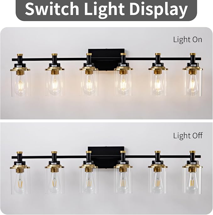 6 Bathroom Vanity Lights, Black and Gold Bathroom Light Fixtures, Sconces Wall Lighting with Clear Glass Shade, Modern Brushed Gold Vanity Lighting Fixtures for Bathroom, Bedroom, Hallway