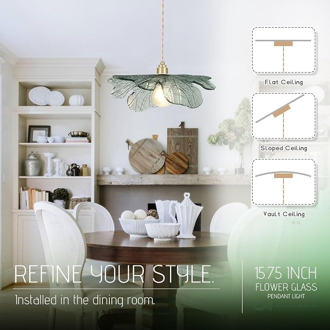 15.74" Large Glass Pendant Lights Dark Green Leaf Shade for Kitchen | Vintage Hanging Light Hand Blown Unique Flush Mount chandelier, Gold Brass E26, 59" Adjustable, Dimmable for Dining Room