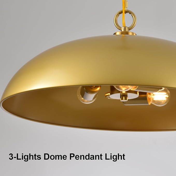 20in Gold Dome Pendant Light 3-Light Kitchen Island Dining Room | Industrial Brass Large Oversized Pendant Lights Chandelier Ceiling Hanging Lighting for Kitchen Island Dining Room Over Table