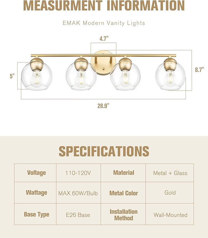 Emak Gold Vanity Lights, Modern Globe Bathroom Light Fixtures, 29 Inch 4-Light Bathroom Vanity Light with Clear Glass Shade for Bath, VL114-GD-4