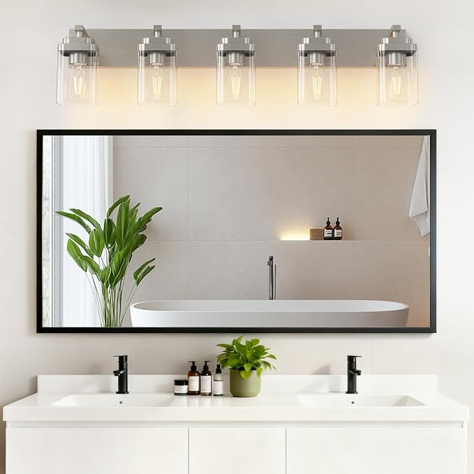 Brushed Nickel Bathroom Light Fixtures, 5 Lights Bathroom Lighting Fixtures Over Mirror, Square Design & Rectangle Large Backplate, Modern Vanity Lighting Fixtures, for Living Room/Bedroom