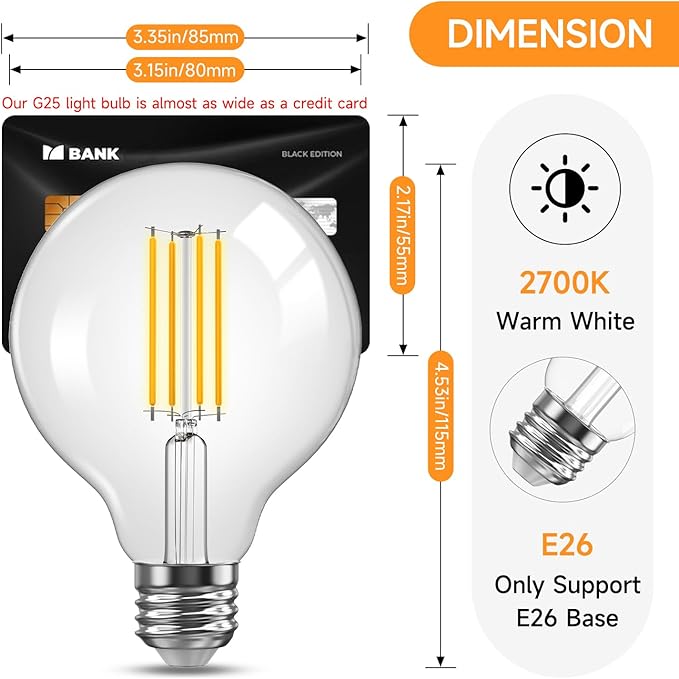 TJOY G25 Globe Light Bulbs, LED Edison Vanity Light Bulbs, Dimmable, 2700K Warm White, 500 Lumens, 5.5W=60W, CRI80, Clear Vintage Filament Globe, E26 Base, 4 Pack