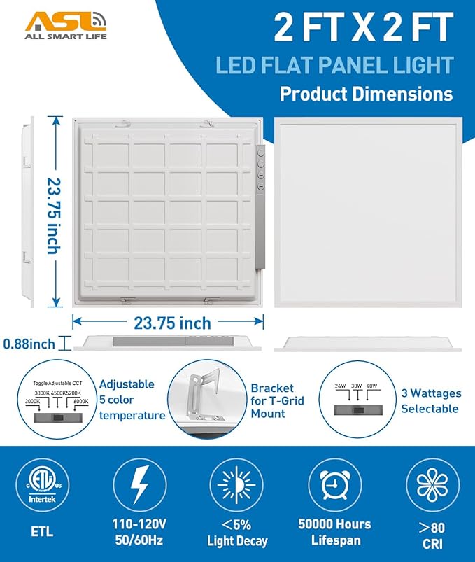 Allsmartlife 2x2 LED Flat Panel Lights for Drop Ceiling 6-Pack, 40W/4998LM Triac Dimmable, 5CCT 3000K-3800K-4500K-5000K-6000K, IP42, 2Ftx2Ft Back-Lit Recessed Troffer Light Fixtures, ETL