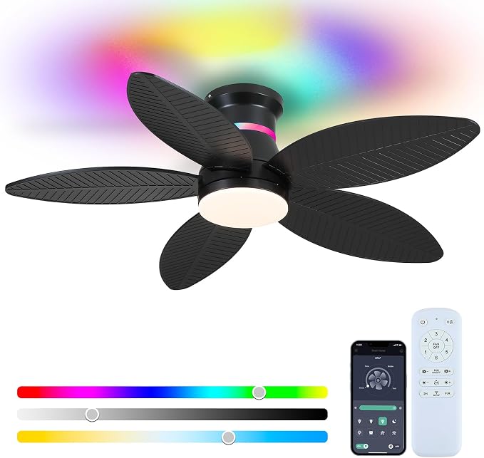 Tropical Palm Leaf RGB Ceiling Fans with Lights 46”, Black Flush Mount Ceiling Fan with Light and Remote, 3CCT Dimmable LED&&Side RGB Light, Reversible 6 Speeds, Quite Low Profile Ceiling Fan Party
