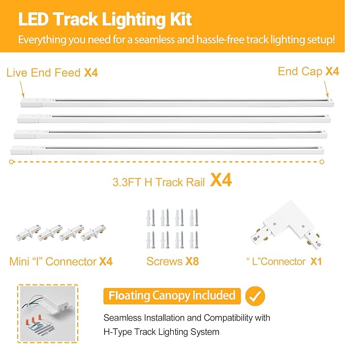 VANoopee 13FT H Track Lighting Rails White, H Type Track Lighting Kit with Floating Canopy Connector, End Caps, Live End Feeds, I T & L Connectors, Compatible with Single Circuit H Style Track System