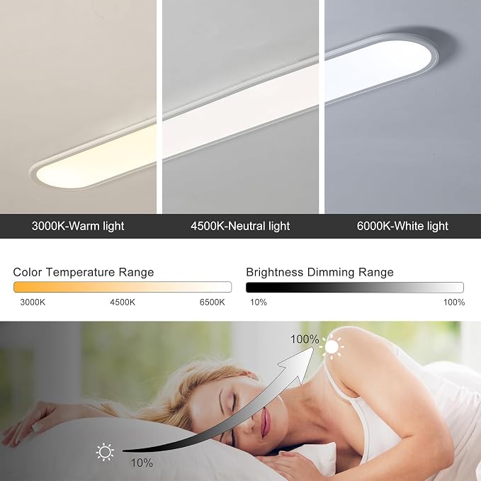 55-Inch Dimmable LED Linear Ceiling Light, 60W Low Profile | Ultra-Thin 1.38-Inch White Fixture with Remote, 3000K-6000K, 10%-100% Brightness for Kitchen, Hallway, Closet and Laundry