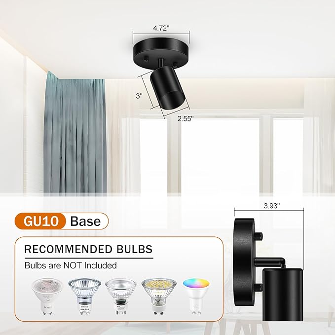 Track Lighting Fixture Ceiling, Modern LED Track Lighting Kit, Black Ceiling Light for Kitchen, Rotatable Spotlight Heads, Wall Mount Spot Lighting for Island/Bedroom(GU10 Socket, NO Bulb)