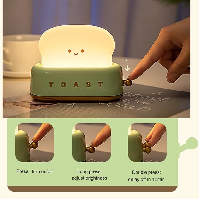 Toast Night Light, Kawaii Desk Decor Dimmable Bedside Night Lamp Rechargeable, Auto-off Bedroom Sleep Light, Cute Gifts for Girls, Boys, Teens, Friends Birthday, Thanksgiving, Christmas