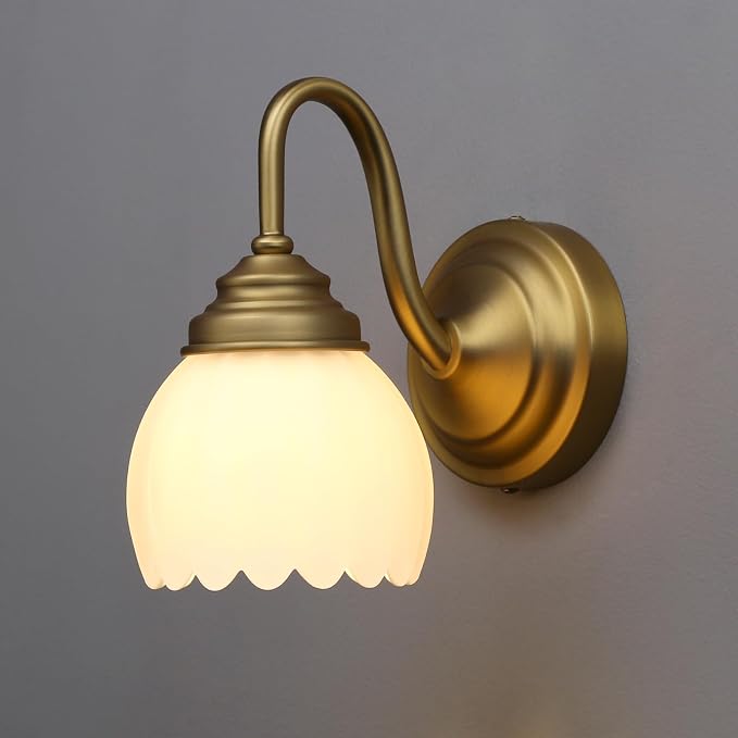 Phansthy Vintage Brass Boho Wall Sconces, Hardwired Wall Lights with Tulip Glass Lampshade, Brass Vanity Lamp Modern Wall Lighting Fixtures for Bedroom, Living Room, Hallway (Antique + White Shade)