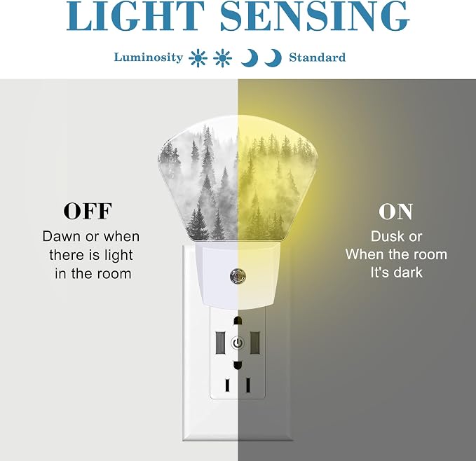Black White Fog Forest Plug in Night Lights, Misty Forest Nightlight Plug Into Wall Dusk to Dawn Sensor for Kid Girls Boys Women Men Bedroom, Hallway, Kitchen, Bathroom, Stairs Decor