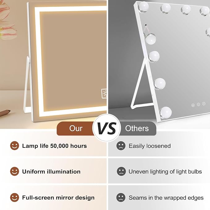 14 Inch LED Vanity Makeup Mirror with Lights, Large Metal Frame Lighted Tabletop Mirror with 3 Color Dimmable Touch Control, 360° Rotation for Bathroom Bedroom