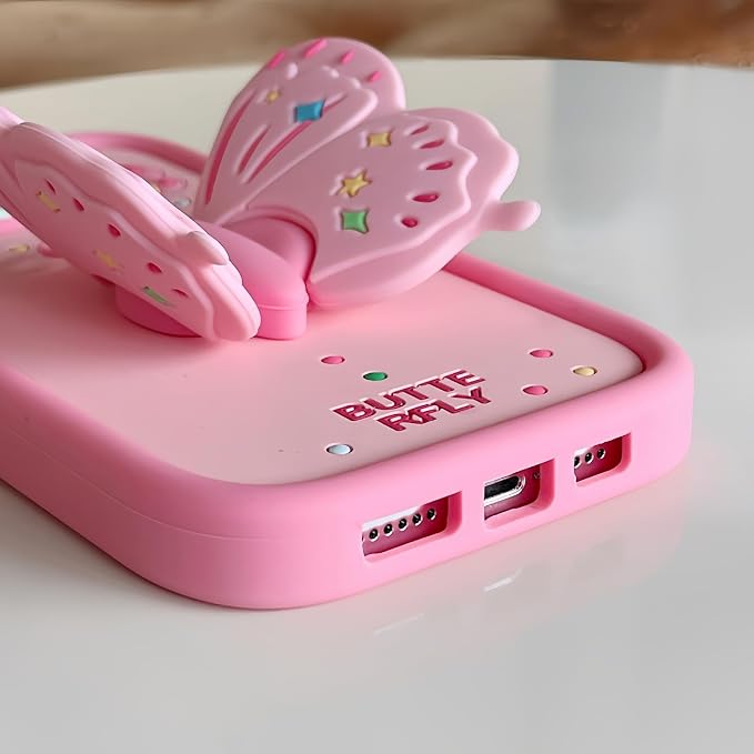 Kawaii Phone Case for iPhone 14 Promax with Kickstand 3D Cute Sweet Butterfly Silicone Protective Case Cover for Women & Girl
