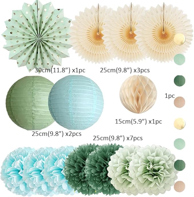 Sage Green and Blue Party Decorations Paper Lanterns Light Blue and Sage Green Baby Shower Decorations Beige Paper Fans Olive Pom Poms for Bridal Shower Wedding Engagement Birthday Bachelorette Party