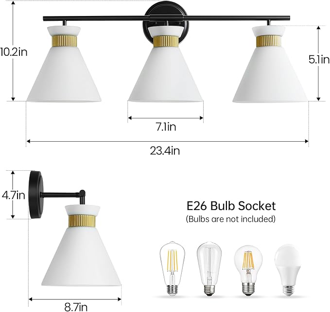 WOSHITU Bathroom Vanity Light Fixtures: 3 Lights Modern Bathroom Lighting Fixtures Over Mirror with Frosted Milky Glass Shade, Black and Gold Vanity Lighting Fixtures Wall Sconce for Bath Bedroom