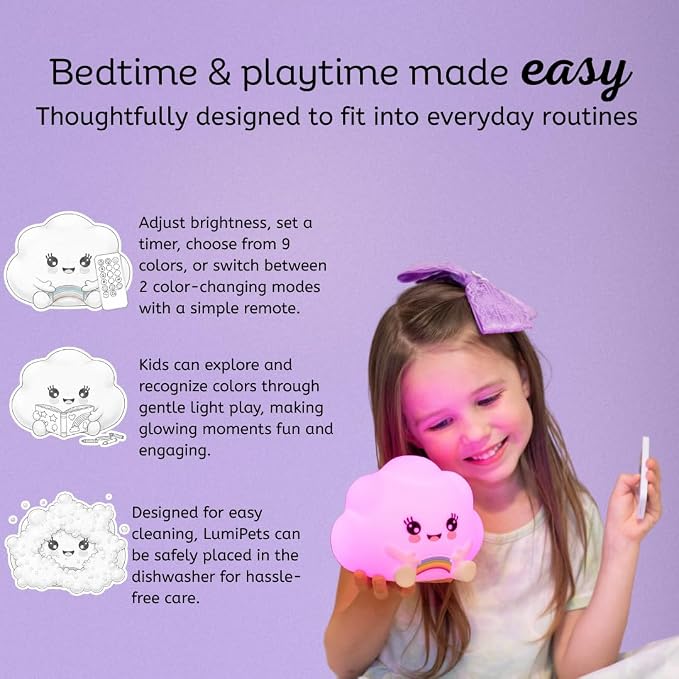 Cloud Night Light with Remote, Squishy Silicone Lamp for Kids | Tap Control | Rechargeable 9-Color Changing Soft Glow | Nursery Nightlight for Kids | Portable Animal Nightlight | USB Cord