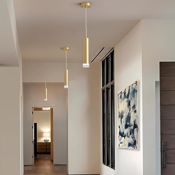 KCO Lighting Long Tube Pendant Lights Kitchen Island Small Gold Pendant Light Mini Cylinder Pendent Lights Industrial Mid Century Modern Hanging Light Bushed Brass Living Room Light 3 Pack