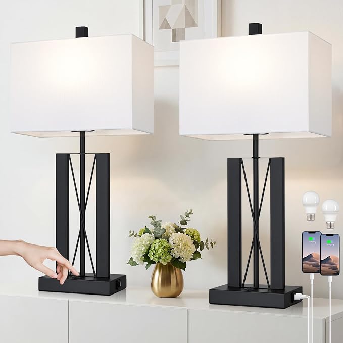 Lolikit 25" Table Lamps for Living Room Set of 2, Modern Table Lamp with 2 USB Charging Ports, Nightstand Geometric Bedside Lamp with White Shade for Bedroom End Table Desk Office(2 LED Bulb Included)