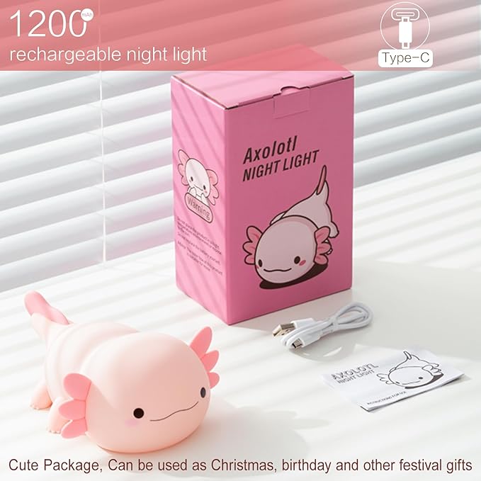 Axolotl Cute Night Light, Kids Squishy Rechargeable Axolotl Lamp, Mom Mothers Day Gifts, Girl Bedside Animal Nightlight, Dimmable Silicone LED Toy Pink Light, Baby Nursery Kawaii Décor