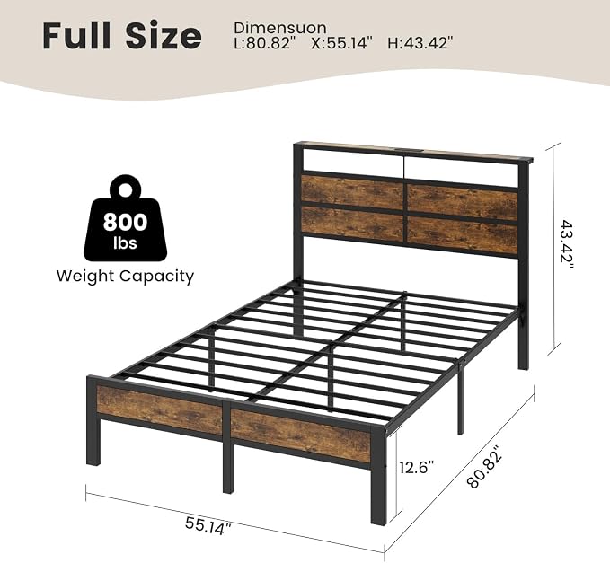Full Size Metal Bed Frame with Storage Headboard, LED Lights | USB Charging Station , Brown Metal Platform Bed, Sturdy Slats, No Box Spring Needed, Easy Assembly, Noise Free
