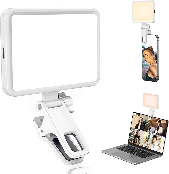Rechargeable Soft Selfie Light for Phone, Camera, Laptop, 4-14H Battery Portable LED Light for Pictures, Phone Light Clip for Selfie, Vlog, TikTok, Makeup, Video Conference White Pro