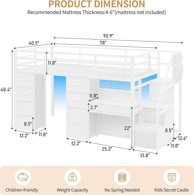 Twin Loft Bed with Desk, 12 Drawers, RGB Lights & Wide Step Stairs, White | Built-in Power Outlet, Clothes Rack, Pockets, Display Grid, Under Bed Play Fort, 11.8''H Safety Guardrail & Ladder