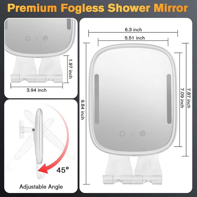Heated Shower Mirror Fogless for Shaving with Light, Rechargeable Battery, Detachable Adhesive Hook & Razor Holder, NO-Drilling Waterproof Anti-Fog Mirror, Gift for Men(White)