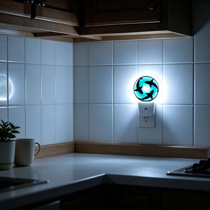 Nightlight Ocean Blue Plug-in Night Lights Dusk to Dawn | Floating Sharks Night Light LED Round Lamp with Auto on/off Sensor for Kitchen Hallway Bedroom Bathroom