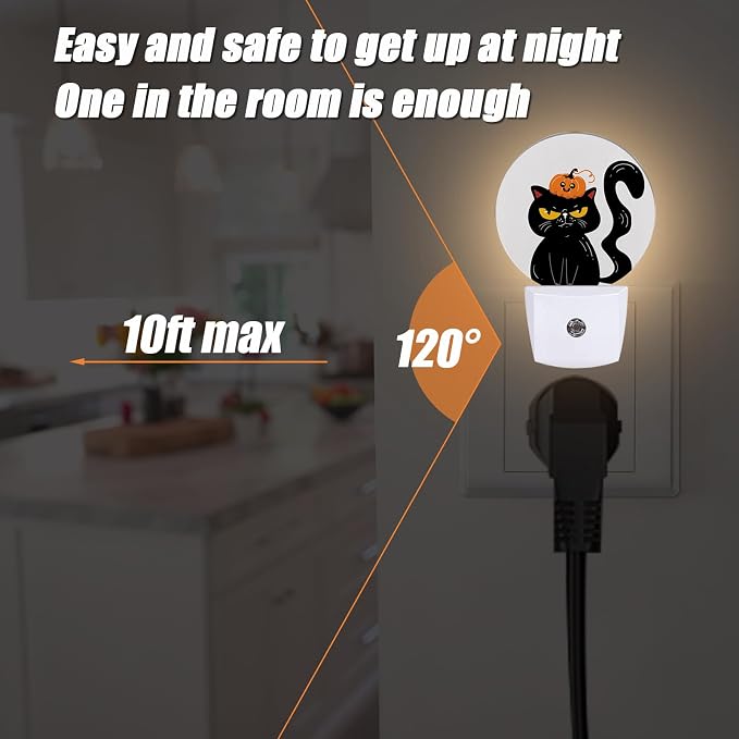 Black Cat Night Light,Halloween Pumpkins Nightlight Plug into Wall LED Lamp Auto Sensor Dusk to Dawn for Bedrooms/Kitchens/Toilets/Corridors,Energy-Saving