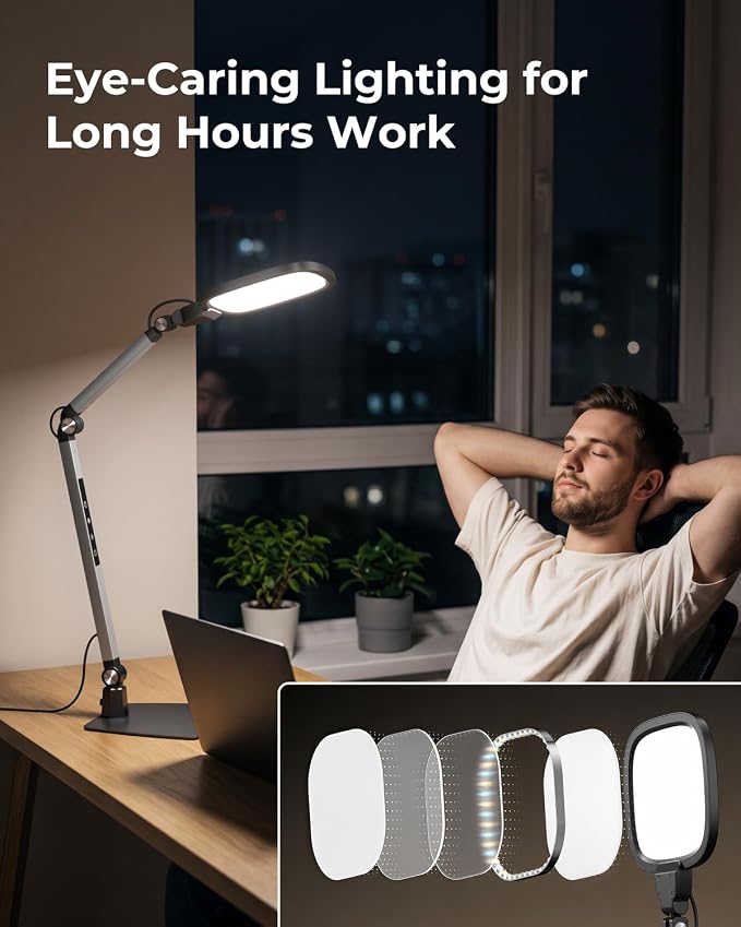 Led Desk Lamp for Office Home Video Reading Swing Arm Task Light | 1200lm Eye-Caring Desk Light for Computer Monitor, Dimmable 5 Color & 5 Brightness, Timer & Memory, Touch & Remote