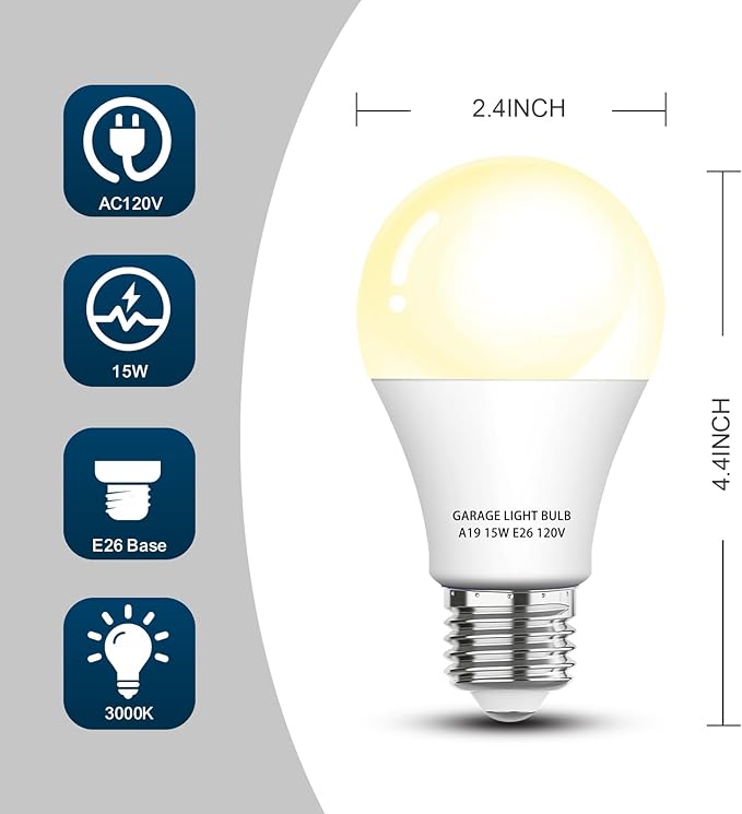 Garage Door Opener LED Light Bulb 2 Pack，15W Equivalent to 100W Garage Light Bulb,A19 3000K Soft White E26 Base 120V Outdoor Light Bulbs,Minimize Interference,Dimmable
