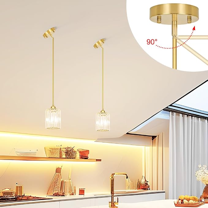 Lxybcce Brushed Gold Kitchen Pendant Lights Over Island with Adjustable Rods - Crystal Pendant Lighting Fixtures for Sloped Ceiling, Ideal Over Dining Table or Bar, E26 Bulb Compatible