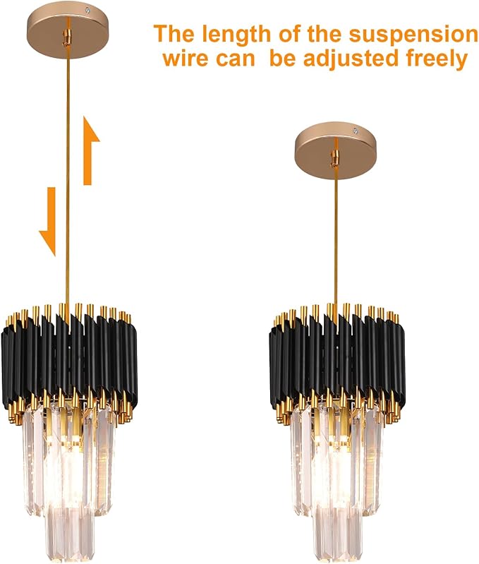 Crystal Chandelier Gold Pendant Light Fixtures Modern Crystal Pendant Light for Kitchen Island D7.5'' Black and Gold Chandelier for Dining Room Bedroom Living Room Hanging Light with a Bulb