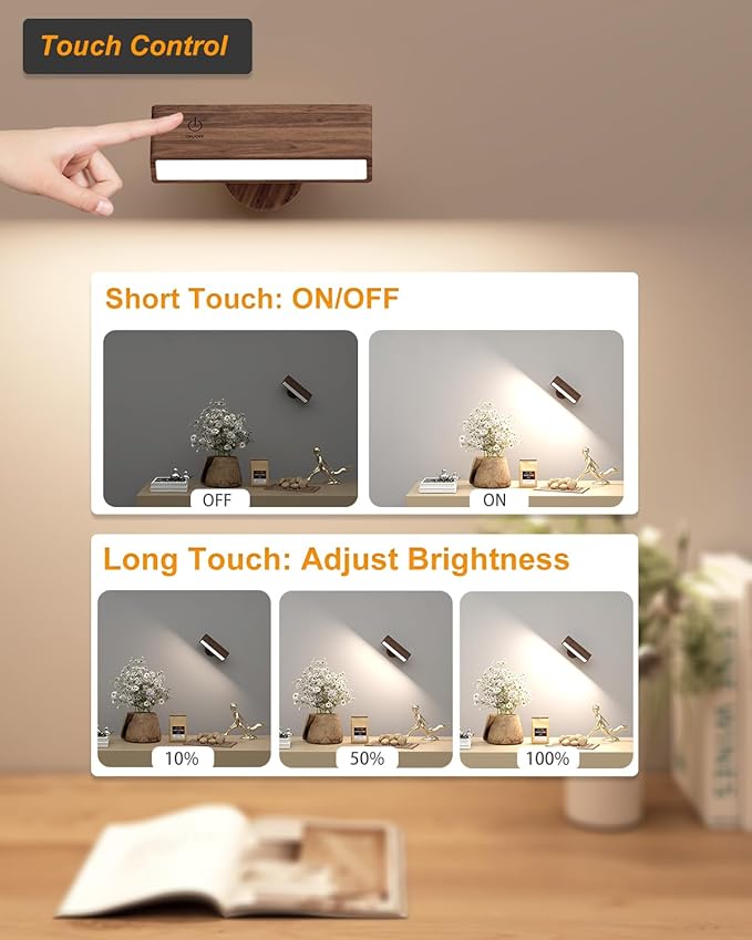 Wall Lights Battery Operated Wooden,Magnetic Wall Sconces Rechargeable,Adhesive Wall Lights for Bedroom,Dimmable Wall Mounted Bedside Lamp,Cordless Battery Wall Sconce for Bedroom Reading